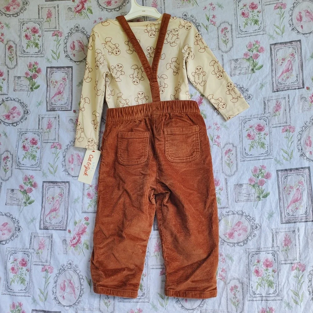 Cat & Jack Baby Gingerbread Corduroy Overalls‎ Outfit Set Newborn NWT Size 18M